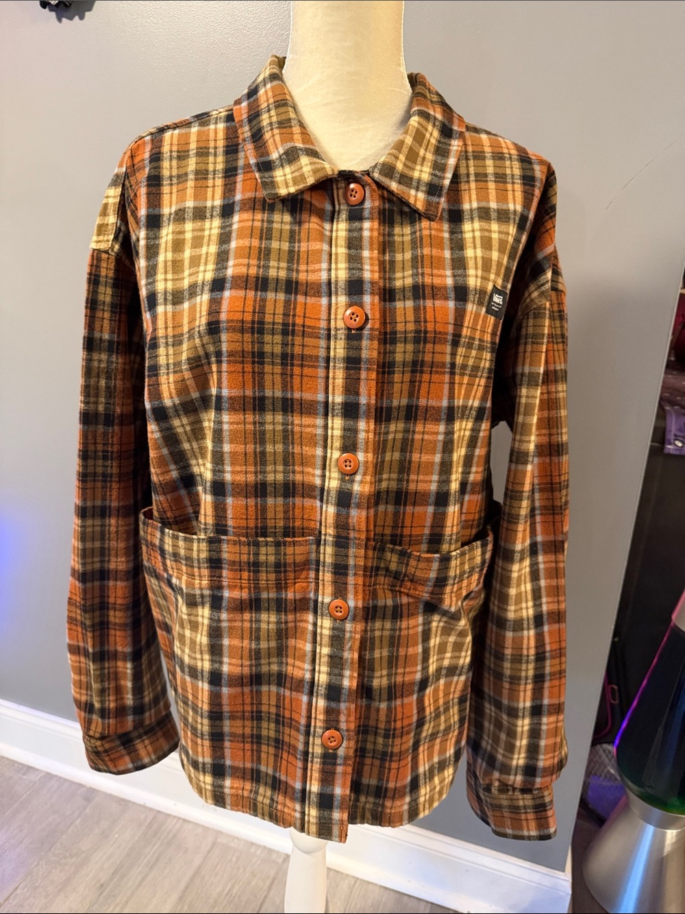 Vans Orange, Brown and Cream Plaid Button-Up Jacket